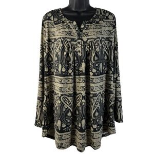 NWT Folunsi Women 3X Black Cream Paisley Floral Henley Long Sleeve Tunic Blouse